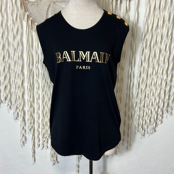 Balmain Tops - Balmain Black and Gold Tank with Button Detail at Shoulder Size 40